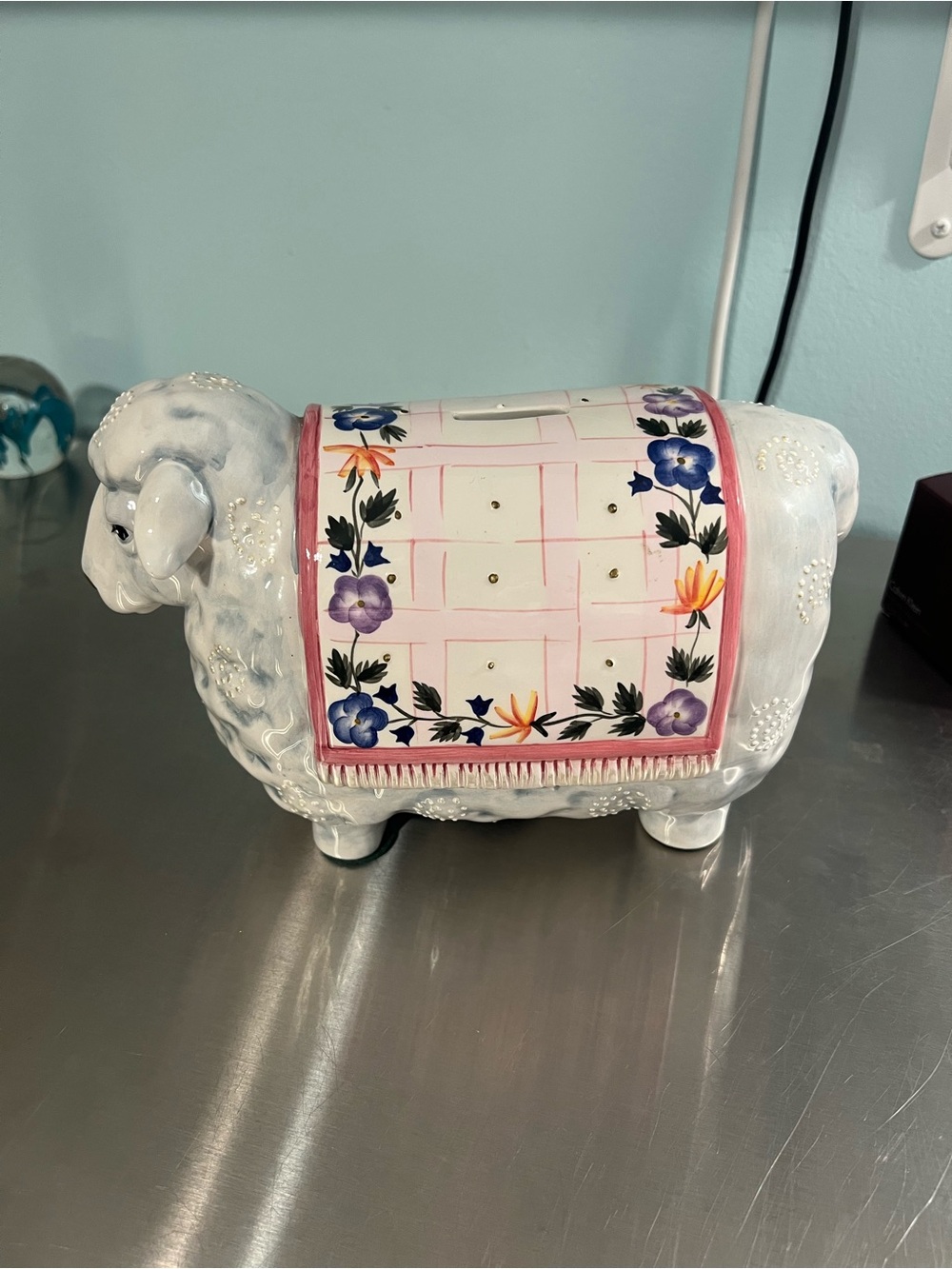 Lefton Porcelain Hand-Painted White Ceramic Sheep Money Bank with Floral Saddle